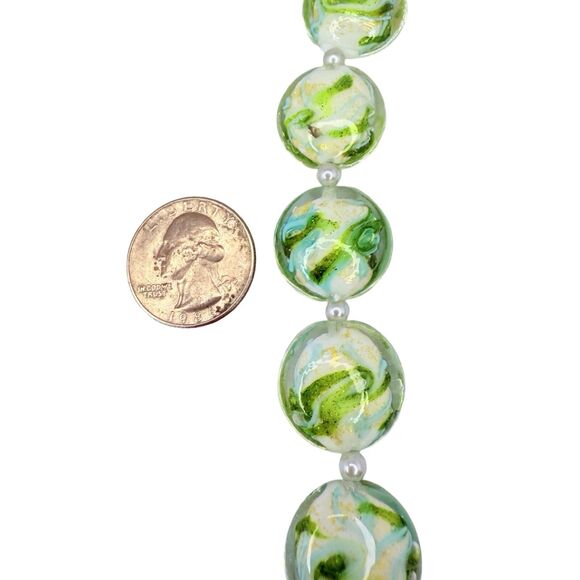 Green Swirl Glass Lamp Beaded Bracelet 6.25” Silver Tone Faux Pearls - Picture 7 of 8